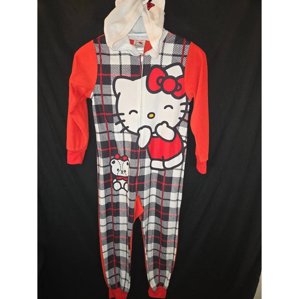 Kids Hello‎ Kitty Plaid Hooded Pajama Onepiece Sleepwear S 6/6x Red Black White